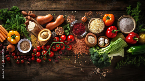 Nutrient Selection of healthy food on rustic wooden background