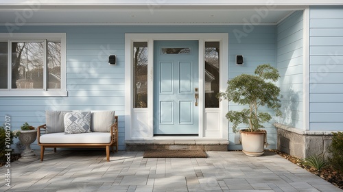 The front door of the house with gray and white walls and seating