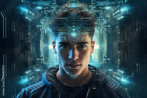 This augmented reality portrait of a young man shows a holographic memory card embedded in his head  which could be used for personal safety and security.