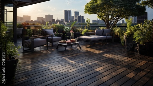 View of a modern roof terrace with dark wooden deck flooring  plants  railings and black furniture