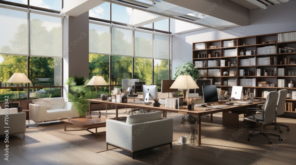 office space decorated in a modern style with windows, white furniture and dark colored office chairs