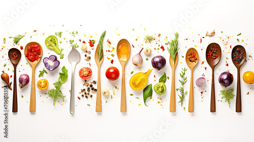 Fresh Organic vegetables assorted with cooking spoons and oil on white wooden background