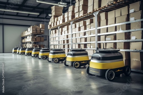 Delivery robots parked in a warehouse with goods shelves for shipment. Generative AI