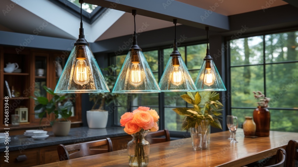 A chandelier hangs from the ceiling, and pillows are arranged on the living room and kitchen sofas A chandelier hangs from the ceiling, and pillows are arranged on the living room and kitchen sofas