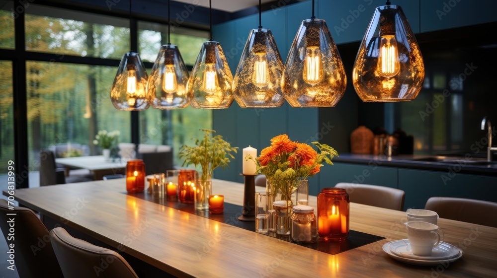 A chandelier hangs from the ceiling, and pillows are arranged on the living room and kitchen sofas A chandelier hangs from the ceiling, and pillows are arranged on the living room and kitchen sofas
