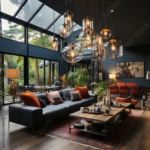 A chandelier hangs from the ceiling, and pillows are arranged on the living room and kitchen sofas © Prasojo