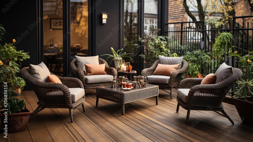 Plants and dark garden furniture on the terrace with wooden floor