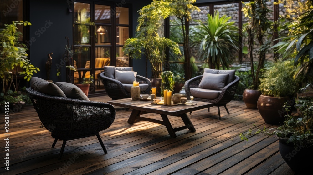 Plants and dark garden furniture on the terrace with wooden floor