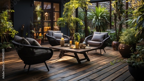 Plants and dark garden furniture on the terrace with wooden floor photo