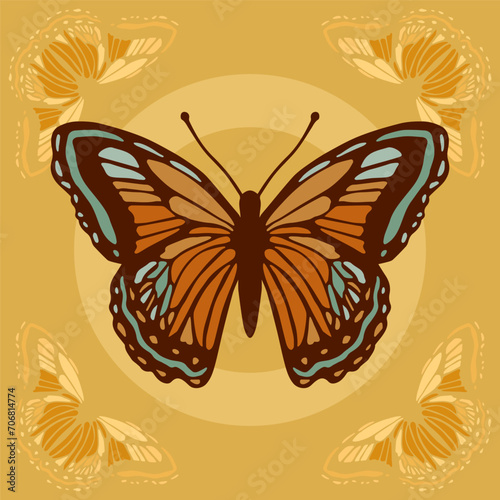 Exquisite Blue and Brown Butterfly Illustration on a Warm Brown Background, High-Quality Vector Image