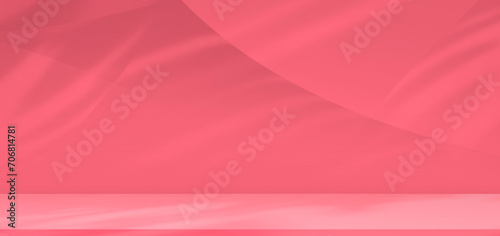 Raspberry rose pink color trend 2024 panoramic background, interior studio wall room with light and abstract shadow for product display presentation. Backdrop Empty counter table mockup, illustration