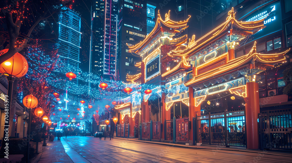 urban buildings decorated with light projections or special Chinese New Year