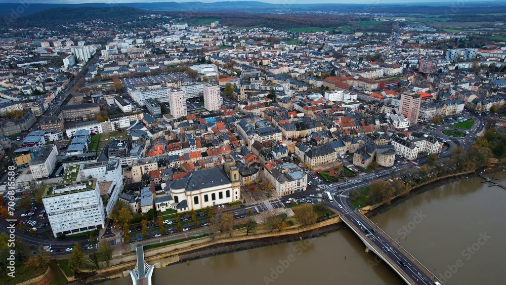 Aerial of the city Thionville in France on a cloudy morning in late fall.	