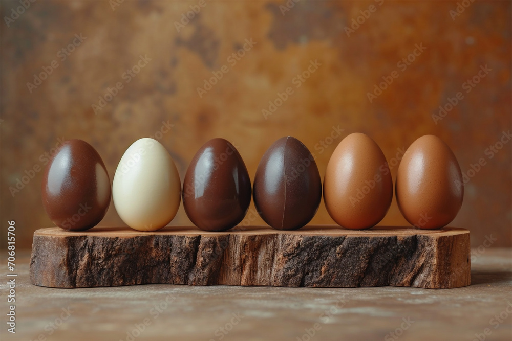 Happy Easter background decoration. Chocolate Easter eggs in row on rustic brown background.