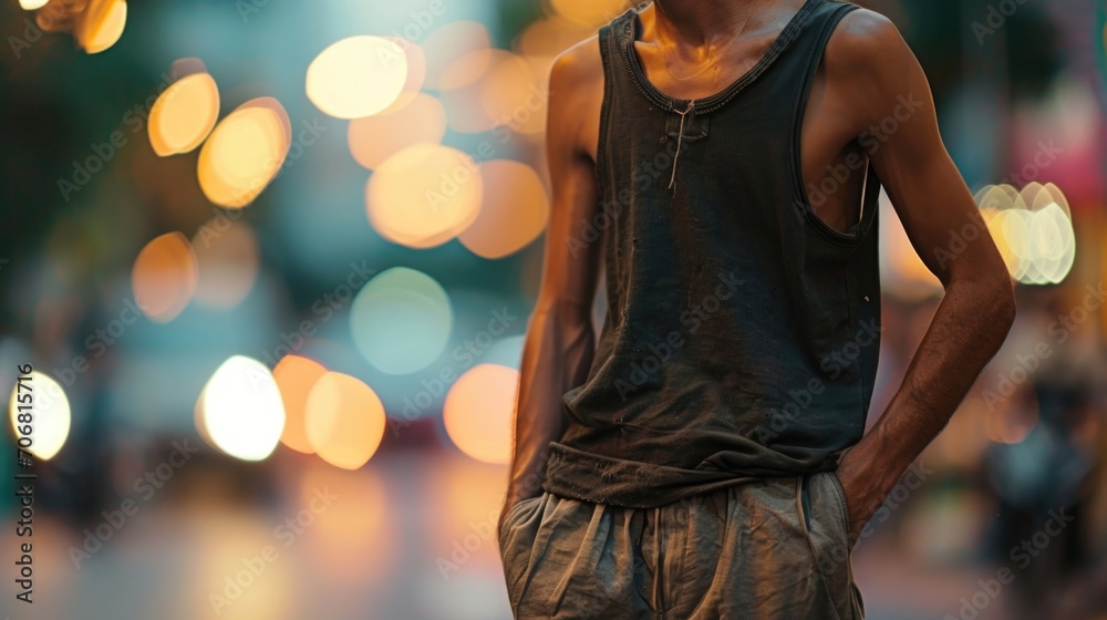 A minimalist approach to street style with a loosefitting hemp tank top and baggy jogger pants.