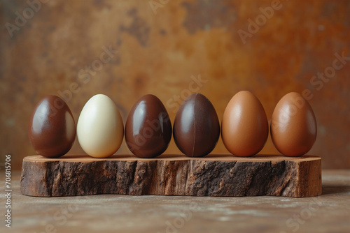 Obraz na płótnie Happy Easter background decoration. Chocolate Easter eggs in row on rustic brown background. w salonie