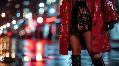 A red vinyl trench coat paired with a black mini skirt, graphic tee, and chunky combat boots for a bold and edgy streetwear ensemble.