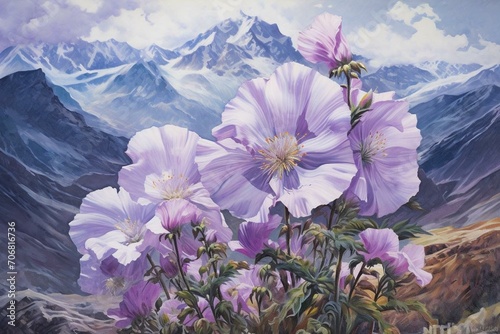 A purple flower painting in snowy mountains with a sunny overcast sky. Generative AI