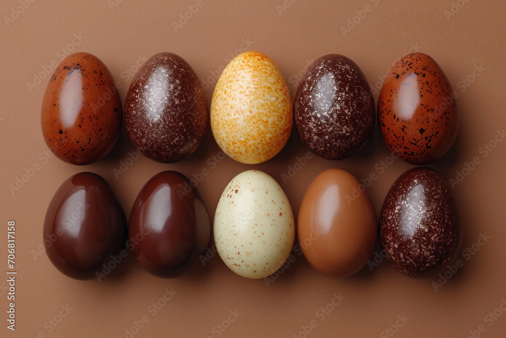 Happy Easter background decoration. Chocolate Easter eggs in row on brown background.