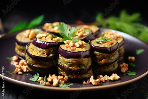 Delicate and texturally pleasing, a plate of badrijani nigvzit, rolls of fried eggplant stuffed with a mouthwatering mixture of ground walnuts, herbs, and es, offering a perfect balance