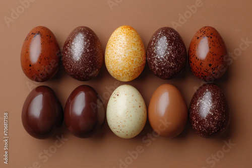 Obraz na płótnie Happy Easter background decoration. Chocolate Easter eggs in row on brown background. w salonie