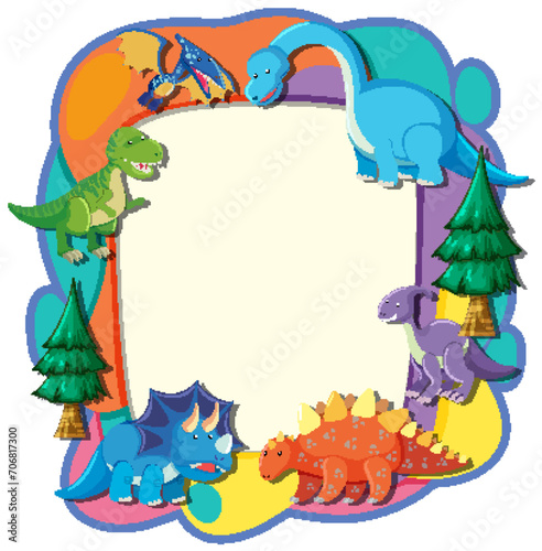 Vibrant frame with playful cartoon dinosaurs and trees.