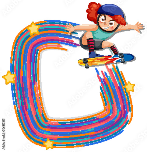 Cartoon skateboarder performing a dynamic aerial trick.