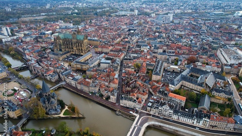 Aerial around the old town of Metz in France on a cloudy morning in autumn