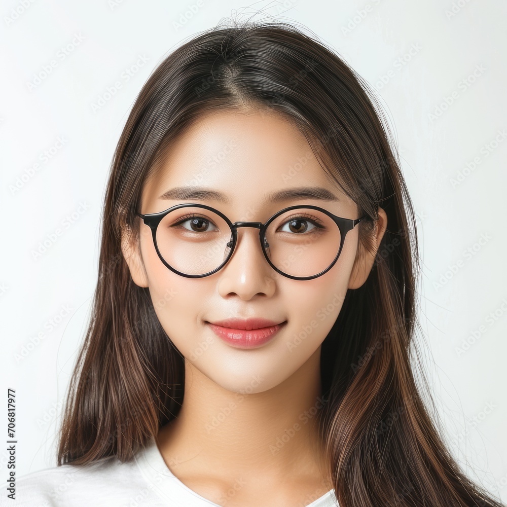 a face portrait of a beautiful young pale cute asian woman girl female with straight long hair wearing glasses. isolated on white studio background in square format. a face portrait of a beautiful young pale cute asian woman girl female with straight long hair wearing glasses. isolated on white studio background in square format.