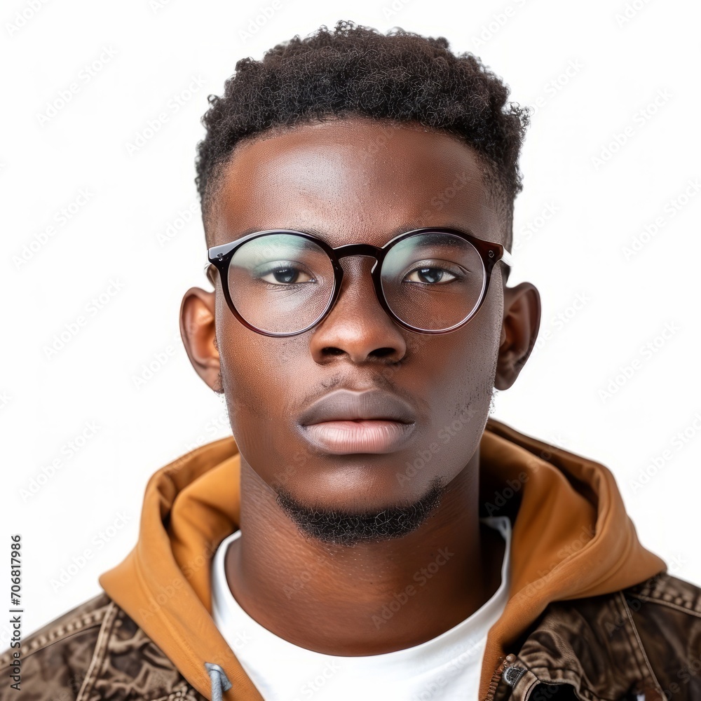 a face portrait of a handsome young dark skinned black african american man with short wavy curly hair and a well groomed beard wearing glasses. isolated on white studio background in square format. a face portrait of a handsome young dark skinned black african american man with short wavy curly hair and a well groomed beard wearing glasses. isolated on white studio background in square format.