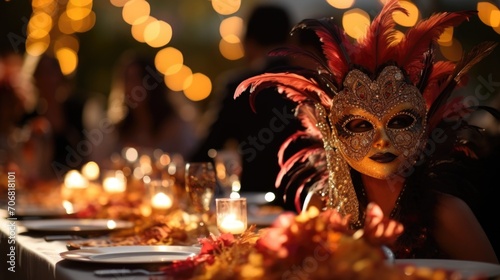 A grand masquerade ball held on a farm, with guests dressed in elegant costumes and enjoying a gourmet dinner made from locally sourced ingredients, in honor of the annual harvest celebration.