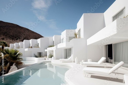 Minimalist tropical hotel architecture in a chic Canary Island location. Generative AI