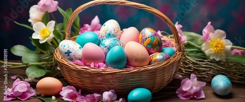 Basket of multi-coloured Easter eggs, decorated with flowers on all cakes. Easter design. Generative AI.
