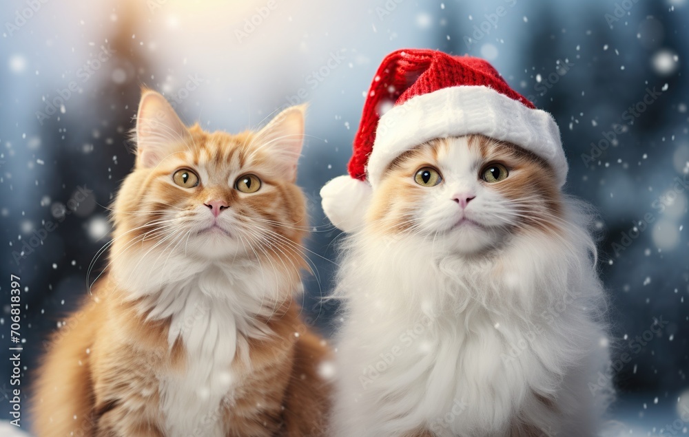 Two cats in Santa Claus hats on the background of the winter forest