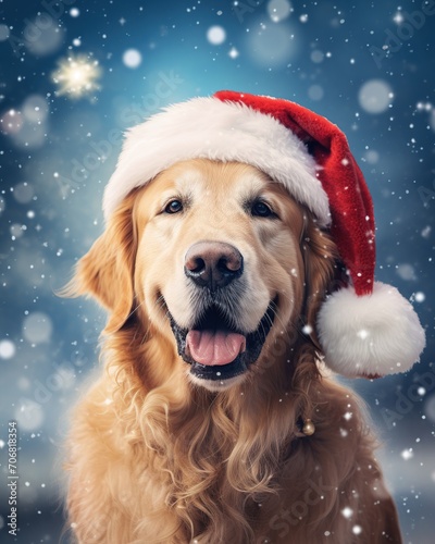 Dog in santa hat. Holiday greeting card.
