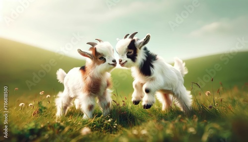 Playful Pygmy Goats Enjoying a Grassy Field photo