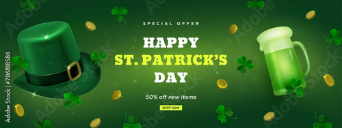 Saint patrick's day celebration flyer, poster, wallpaper or web banner design template with realistic 3d top hat, clover and green beer mug on green background. Vector illustration
