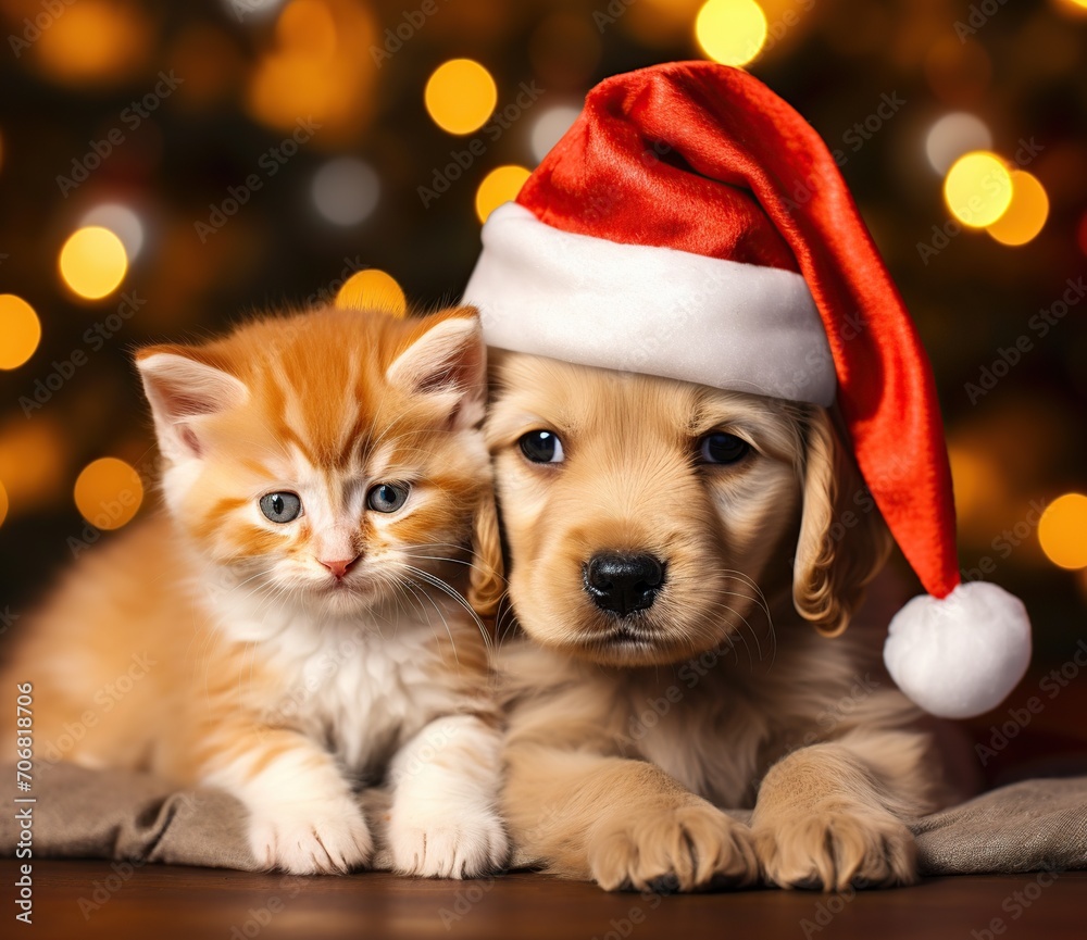 Cute little kitten and golden retriever puppy in Santa hat on Christmas background Cute little kitten and golden retriever puppy in Santa hat on Christmas background