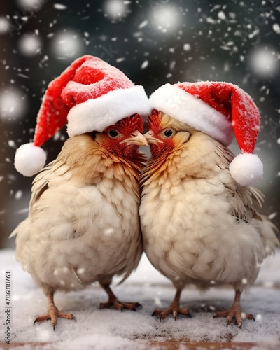 Two chicken in Santa Claus hats on a snowy background. Christmas and New Year concept. © Obsidian