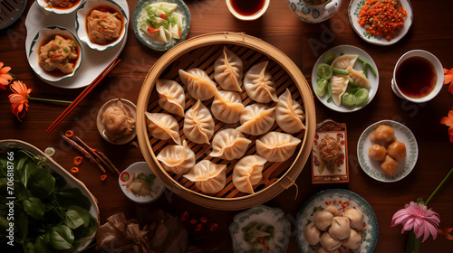 A round wooden table is topped with a bamboo steamer filled with dumplings. Chopsticks rest on the table next to a small plate of dipping sauce.