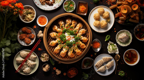 A round wooden table is topped with a bamboo steamer filled with dumplings. Chopsticks rest on the table next to a small plate of dipping sauce