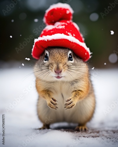 Portrait of a cute squirrel in a red hat on a background of snow.