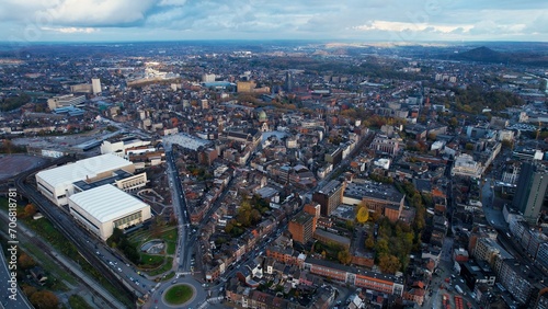 Aerial around the city Charleroi in Belgium on a cloudy afternoon in autumn 
