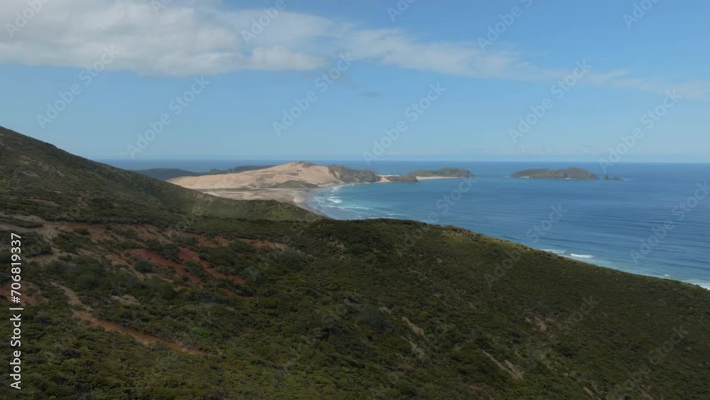 Aerial: Beach and sand dunes at Cape Reinga, Northland, New Zealand.