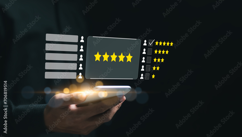 Customer experience concept. Customers give excellent five-star ratings for service, satisfaction, reviews, feedback.