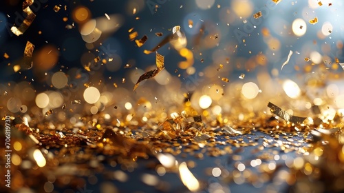 Image of Gold confetti falling over black background. confetti and ribbon flying on air during a festival at night background. Blurred Golden bokeh lights on party festive. Glitter sparkle stars.