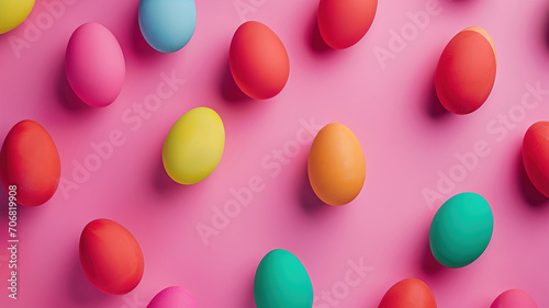 Easter eggs on pink background  top view  vivid colors