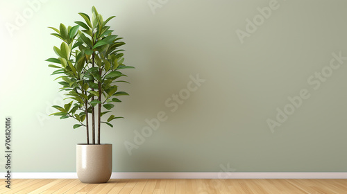 clean blank sage green wall with tropical tree with sunlight with wooden floor