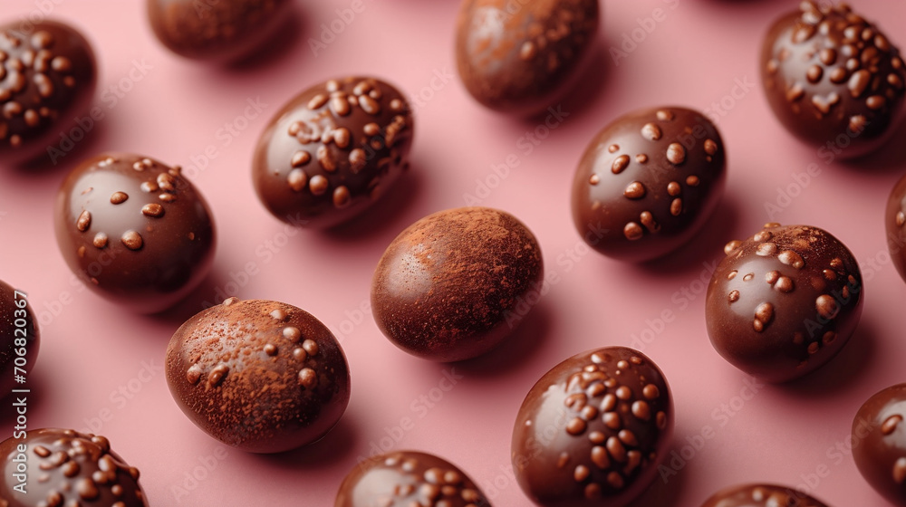 Chocolate Easter eggs banner on old rose background