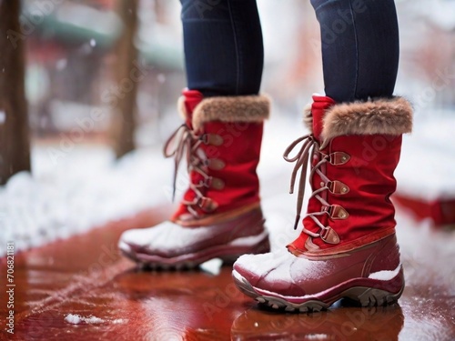 angle of female legs wearing jeans and winter boots on a snowy ground